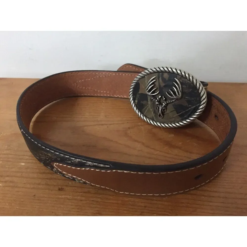 Nocona Belt Company Modern Camo & Brown Leather Metal Deer Skull Belt Kids Sz 18